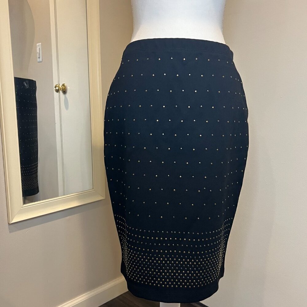 Carmen Marc Valvo Black Studded Knit Pencil Skirt, Size Medium